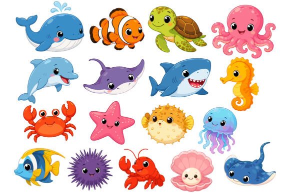 Download Cute Kawaii Sea Animals Clipart Set - Cute Collection